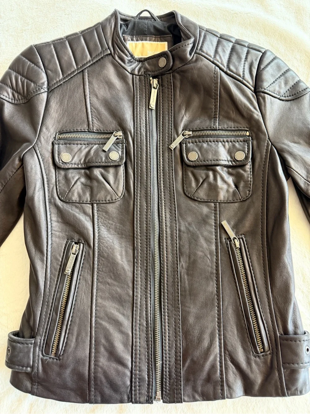 NWT Michael Kors Leather Moto Jacket Black Size Small Quilted Shoulder Buckle